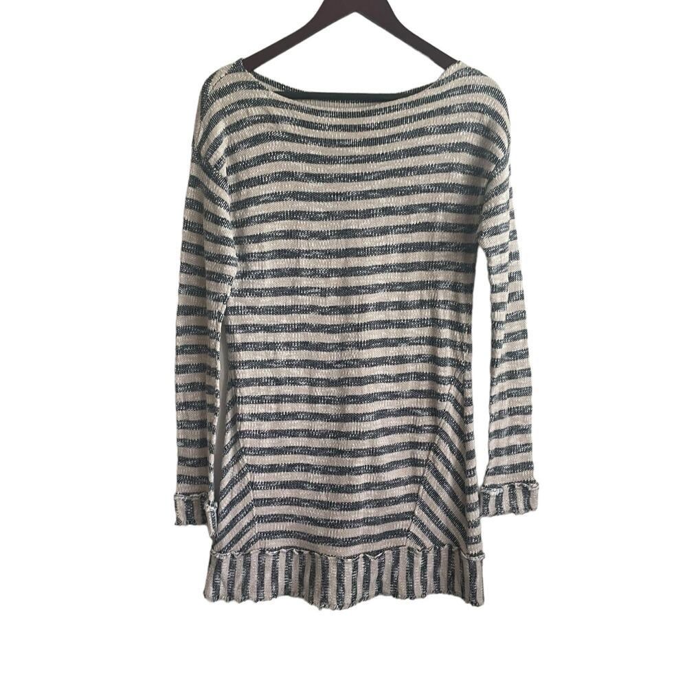 Striped Knit Textured Top S Neutral Ruffle Hem Preppy Nautical Coastal Artisan